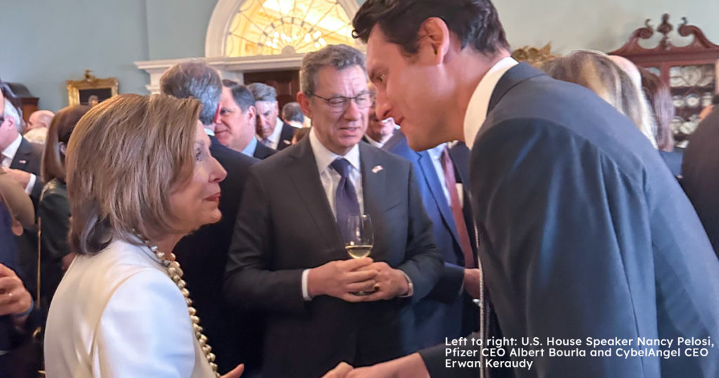 Left to right: U.S. House Speaker Nancy Pelosi, Pfizer CEO Albert Bourla and CybelAngel CEO Erwan Keraudy