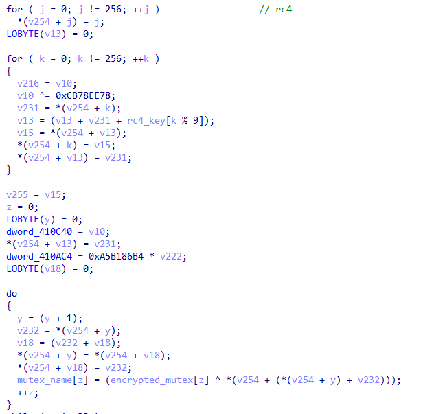 Figure 14. An example of the remaining in-line RC4 function used to decrypt data. Legitimate strings are used. Source: Elastic