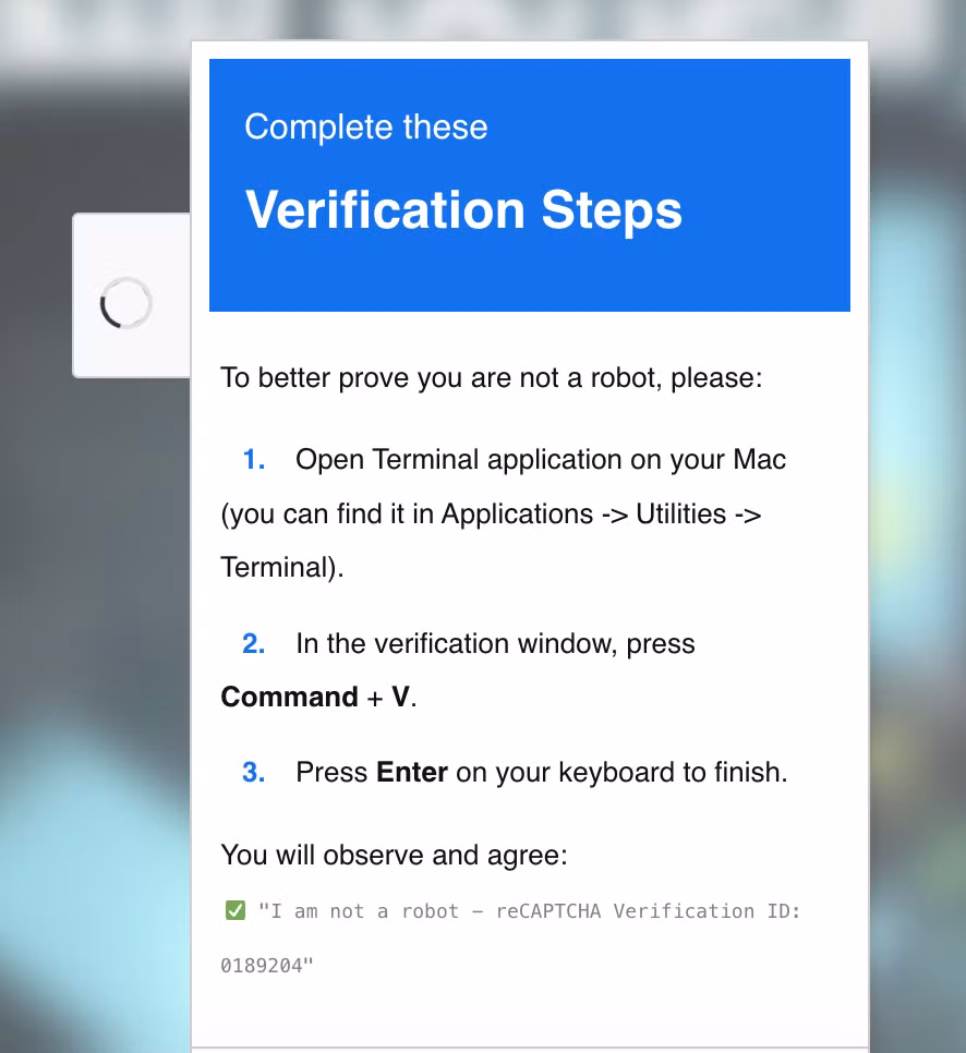 ClickFix verification steps prompt telling the user to open Terminal and paste a command with Command+V